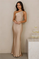The Evangeline One Shoulder Satin Maxi Dress Champagne